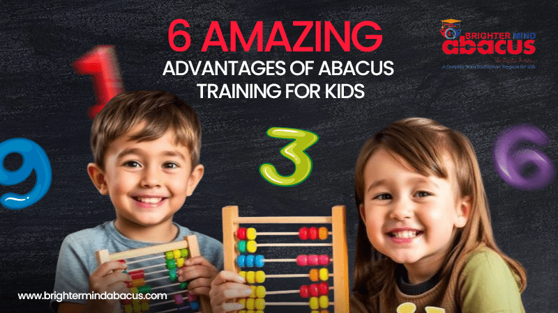 Two smiling children holding colorful abacus tools in front of a chalkboard background with large floating numbers.